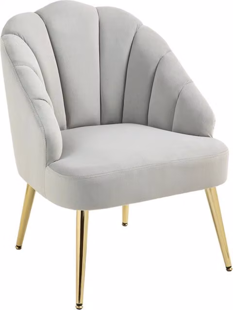 Poltrona Imbottita Minimal con Schienale a Conchiglia in Velluto Grigio e Gambe in Metallo Dorato