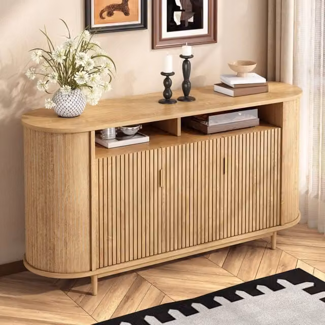 Madia Mivray a 3 ante con frontale a linee verticali in MDF e legno, colore beige e marrone, L: 140 cm, P: 40 cm, H: 78 cm