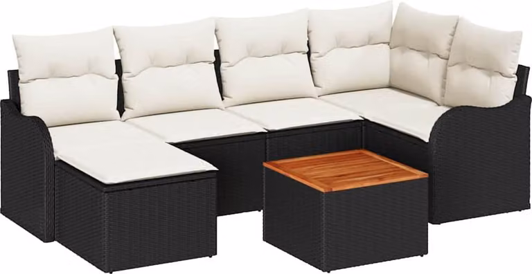 Set Divano da Giardino 7 pcs Nero e Crema polyrattan
