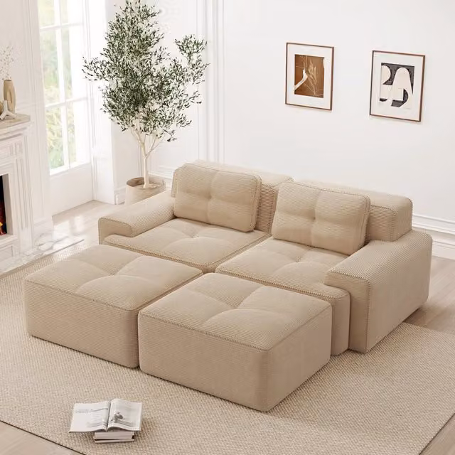Divano modulare beige a U per soggiorno in velluto a coste, 2 posti con pouf, seduta profonda 74 cm, 204x177x69 cm