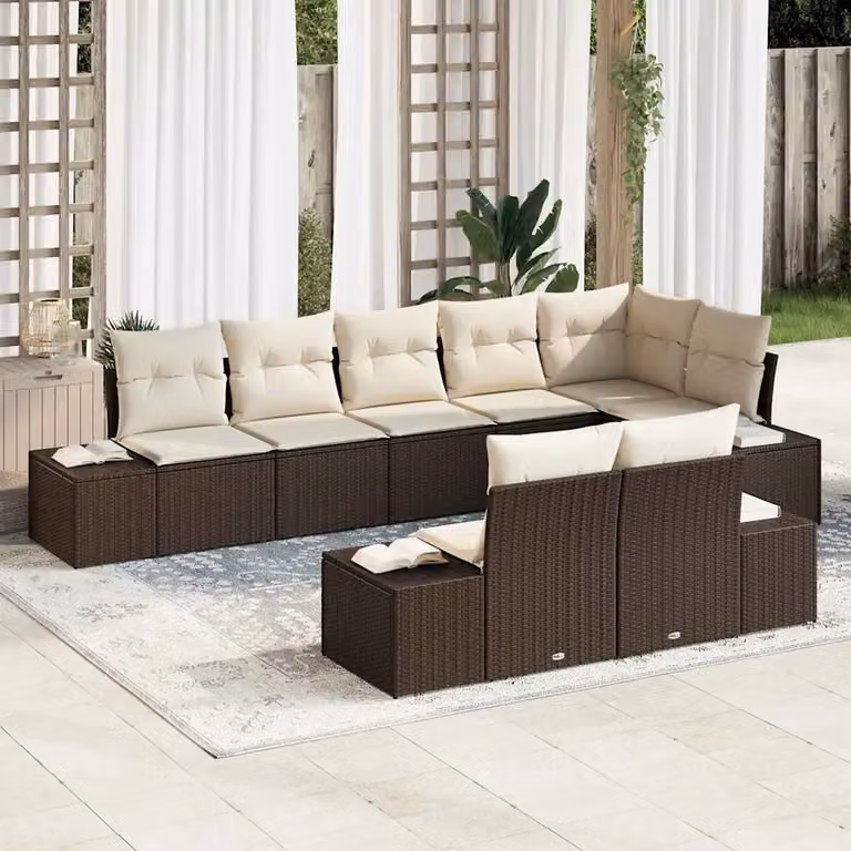 Set Divano da Giardino vidaXL 8 pz a forma a U in Polyrattan Marrone e Beige con Cuscini e Struttura in Acciaio Verniciato a Polvere