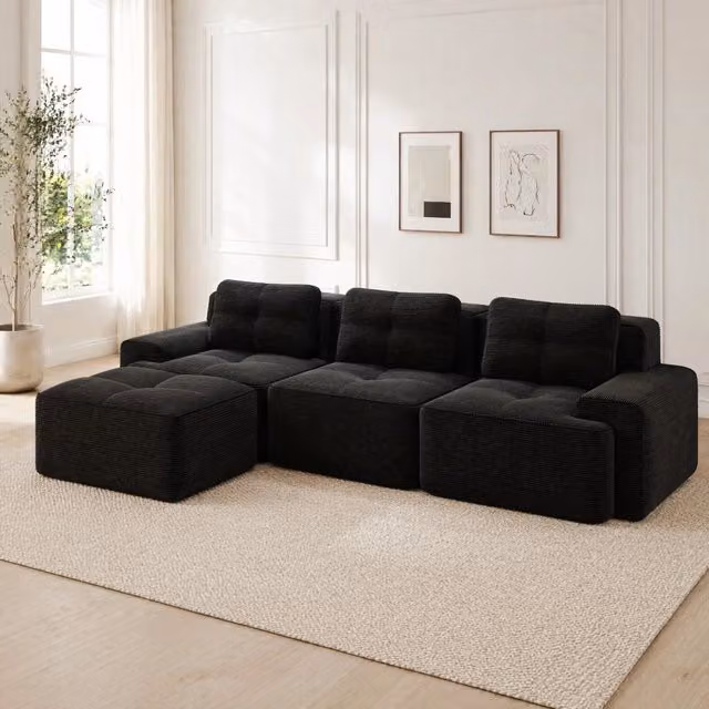 Divano modulare 3 posti con ottoman in corduroy nero; design senza struttura e seduta profonda