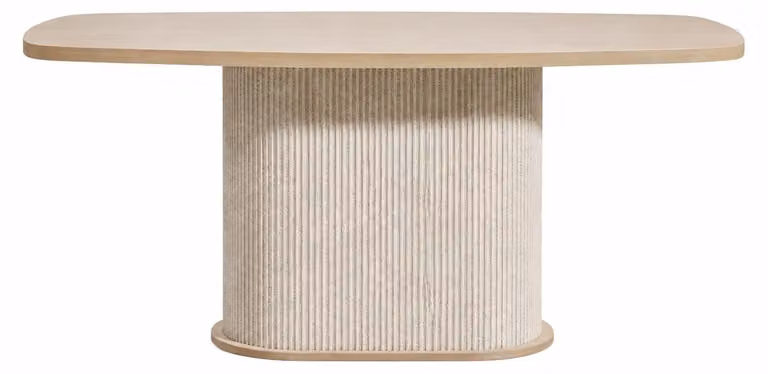 Tavolo da pranzo moderno con colonna scultorea e elegante piano in legno