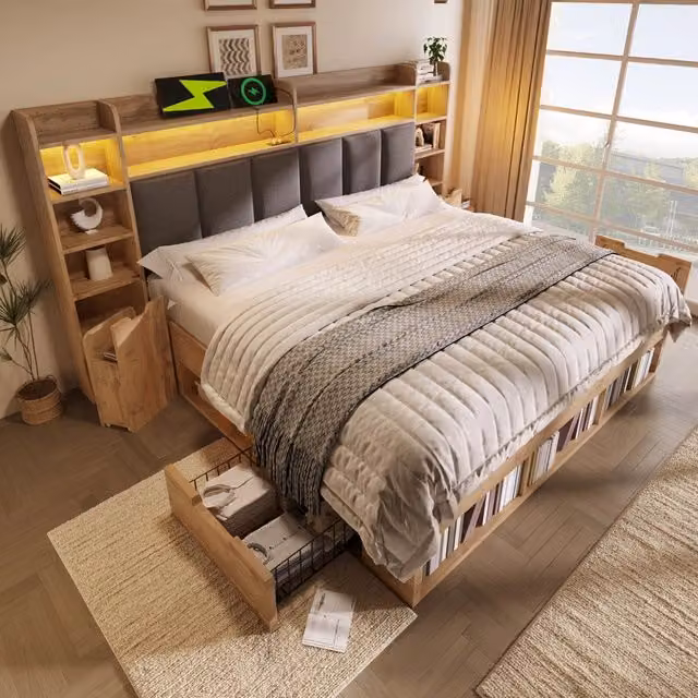 Letto Mivray moderno con cassetti e testiera imbottita, illuminazione LED, porte USB e Type-C, colori grigio e marrone, L/P: 180 x 200 cm