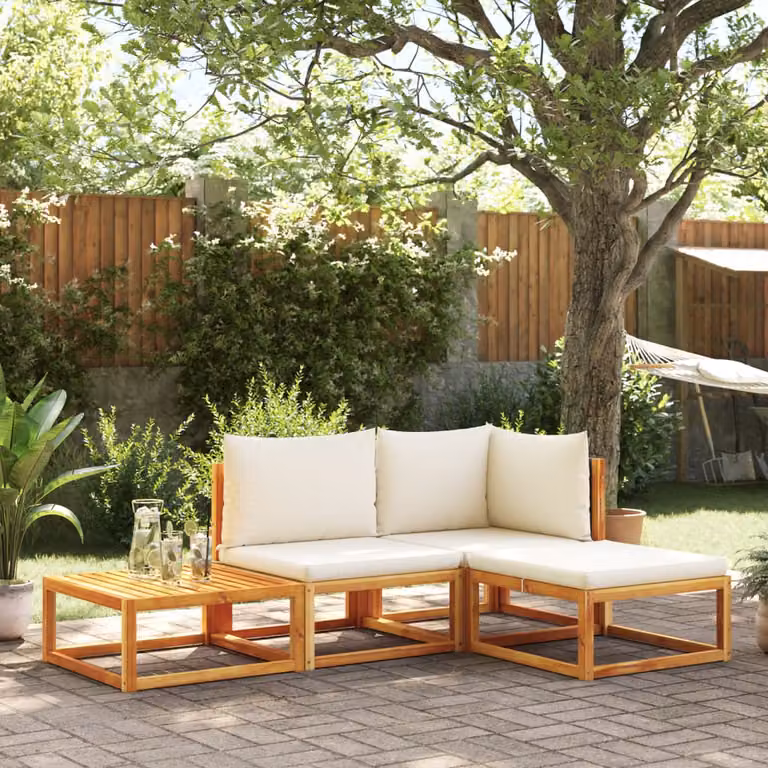 vidaXL Set di divani da giardino a L in legno di acacia e rattan con cuscini bianchi e neri, 4 pezzi
