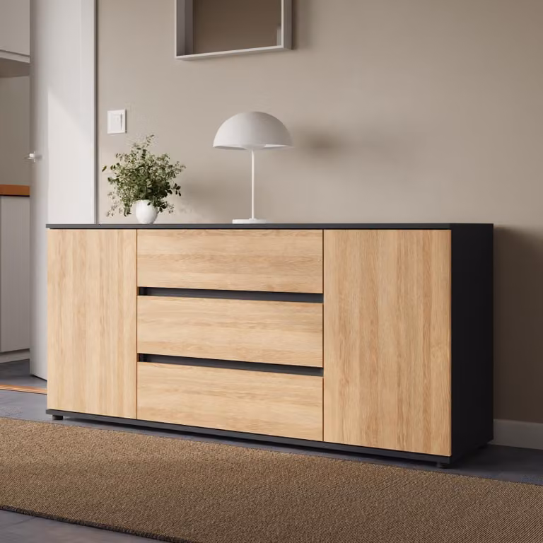 Mobile contenitore multifunzionale, modello "Kommode", con cassetti e ante | Mobile moderno per soggiorno, camera da letto o ingresso | Dimensioni: 150x40x70 cm | 3 cassetti e 2 ante | Colore: antracite e rovere "Artisan"