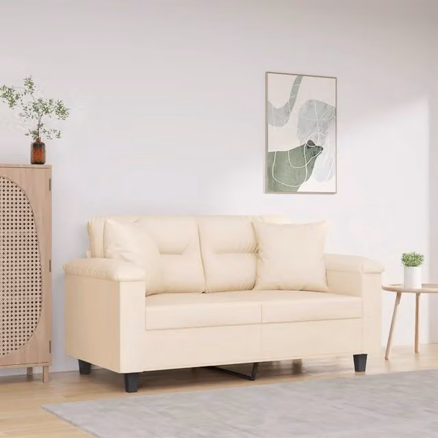 Divano a 2 posti moderno vidaXL in microfibra beige con cuscini e struttura in metallo L: 150 cm, P: 80 cm, H: 77 cm