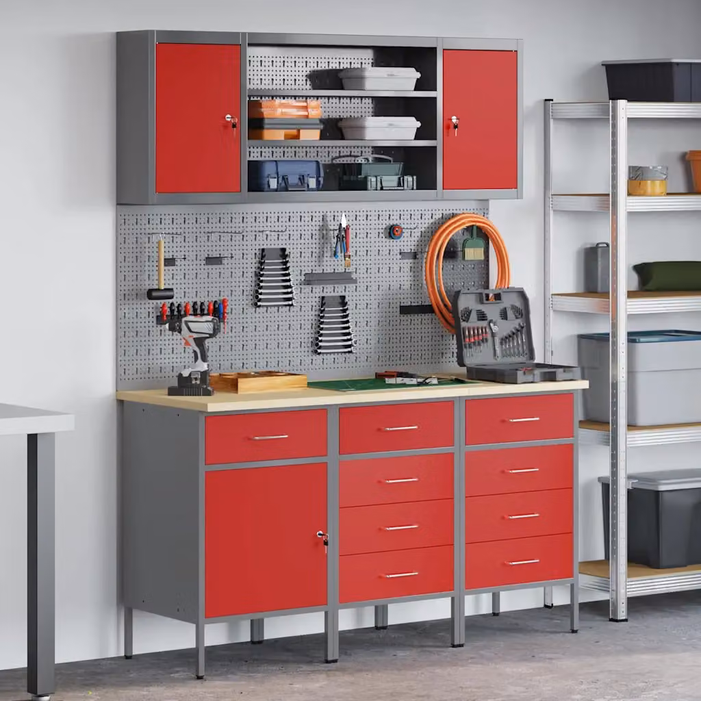 Carrello da lavoro mobile vidaXL con cassetto, 7 pezzi, Rosso e Grigio