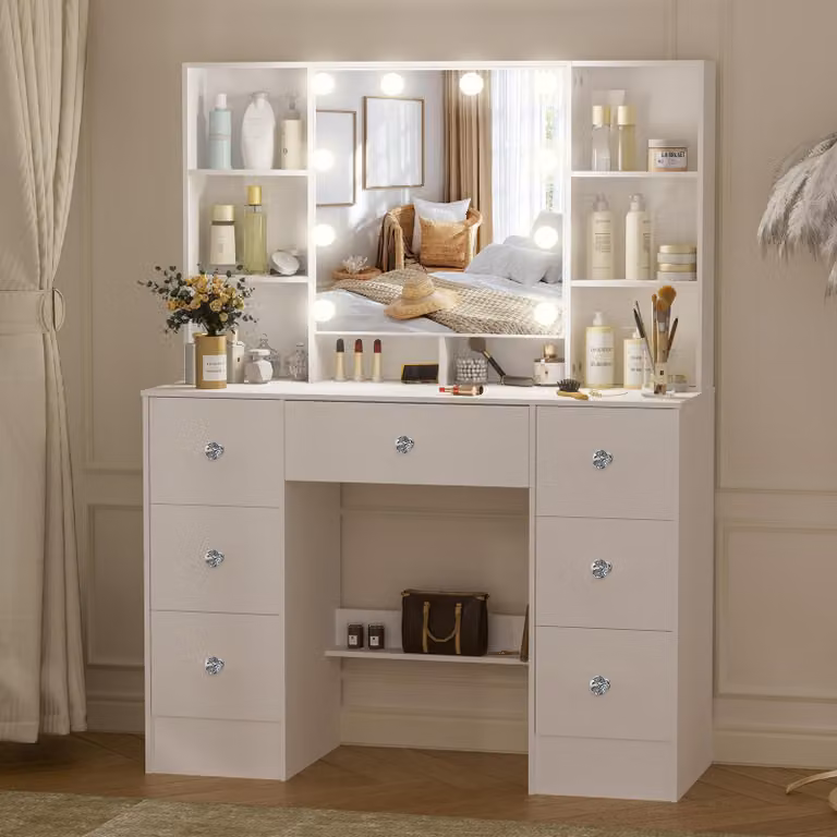 Comò con specchio, bianco - 7 cassetti per riporre oggetti - 10 luci LED dimmerabili - Realizzato in MDF - Arredamento moderno per la camera da letto