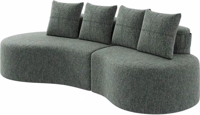 Divano 240x109x60 cm in lino verde con 4 cuscini; portabicchieri e tasche laterali