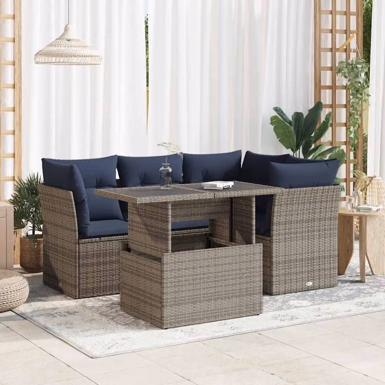 Set Divano da Giardino vidaXL a Forma di L in Polyrattan con Cuscini e Tavolino, Grigio e Blu