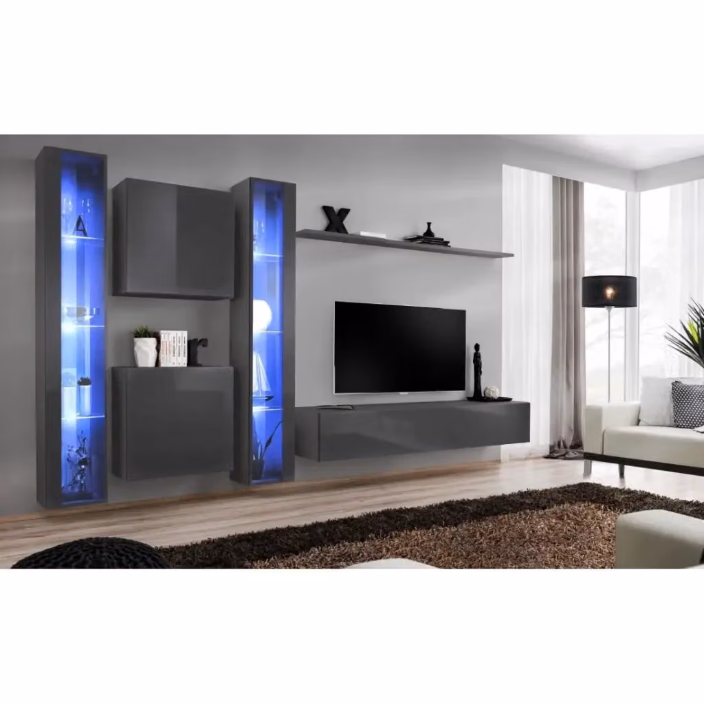 Set di mobili da parete per soggiorno Meublorama Collezione SWITCH XVI, colore grigio lucido, con vetrina, lowboard e illuminazione integrata, L/P/H: 330 x 40 x 180 cm – 2