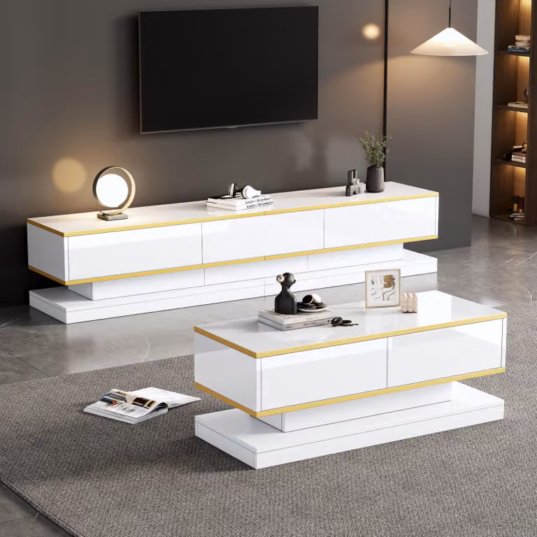 Set di porta TV e tavolino da caffè Sweiko, console TV con 3 cassetti, tavolino da caffè con 2 cassetti, finiture dorate, per il soggiorno, porta TV e tavolino da caffè