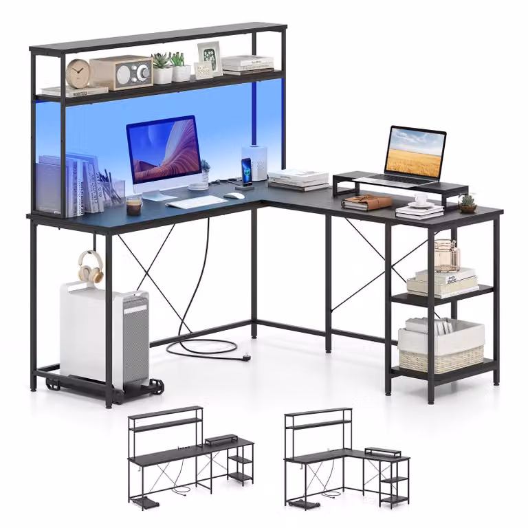 COSTWAY Scrivania angolare a L 145x145cm scrivania reversibile per computer Scrivania per ufficio con LED, prese, ripiani, ganci per cuffie e supporto per monitor Nero