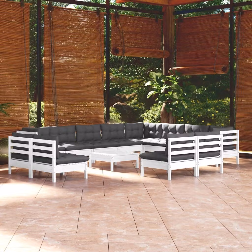 The Living Store Set salotto da giardino 13 pezzi con cuscini in legno di pino massiccio bianco