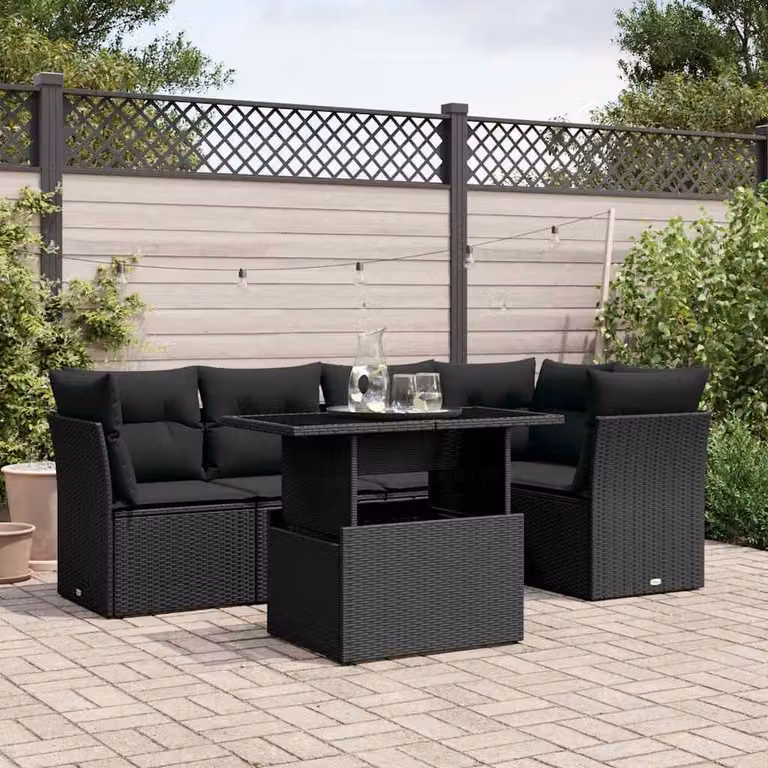 vidaXL Set Divano da Giardino 6 pz in Polyrattan Nero con Cuscini e Tavolino
