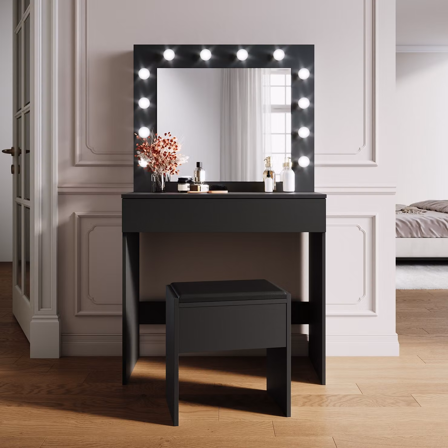 SONNI tavolo da toilette nero 80x40x140cm Tavolo da toilette a luce LED con luminosità regolabile con specchio e cassetto