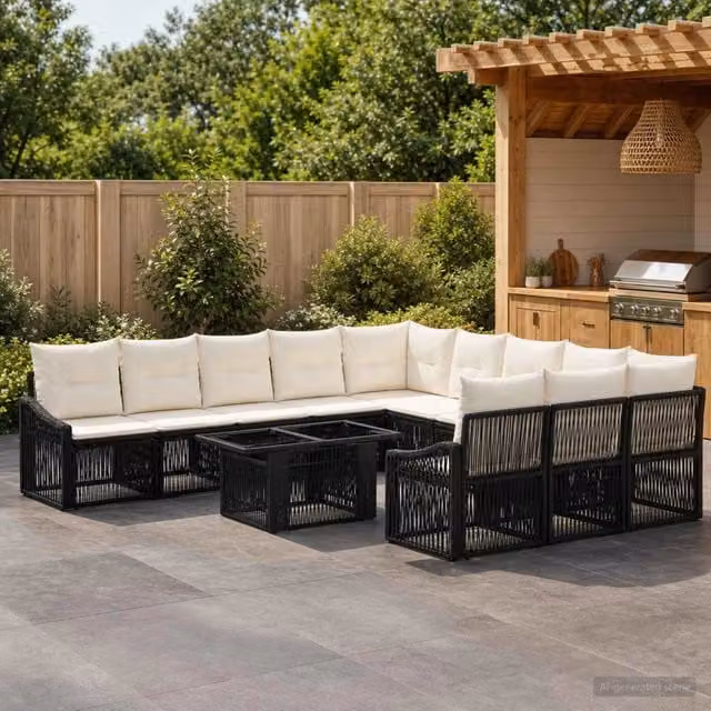 Set Divano da Giardino 12 pz Nero e Bianco Crema polyrattan 3437314