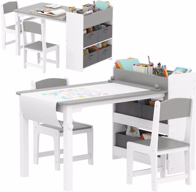 Set Tavolo e 2 Sedie per Bambini Giordanoshop con Vani Contenitore in Legno e Tessuto Grigio e Bianco L: 102,5 cm, P: 58 cm, H: 64 cm – 1