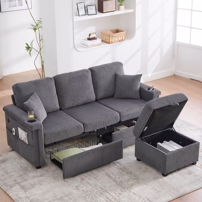 LVHOM Divano angolare modulare con LED e USB, divano a 3 posti con pouf e cassetti, divano imbottito in tessuto a coste, grigio scuro