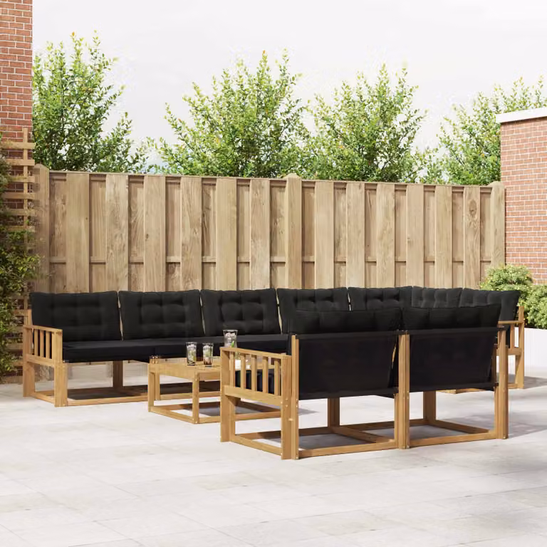 Set di divani da esterno moderno vidaXL in legno di acacia, 9 pezzi, Bianco, Nero e Marrone