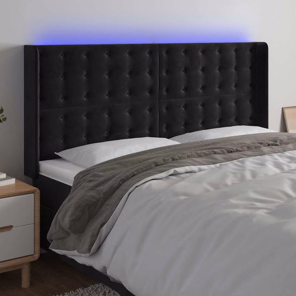 vidaXL Testiera per Letto in Velluto Nero con Illuminazione LED e Porte USB, L: 163 cm, P: 16 cm, H: 118 cm – 1