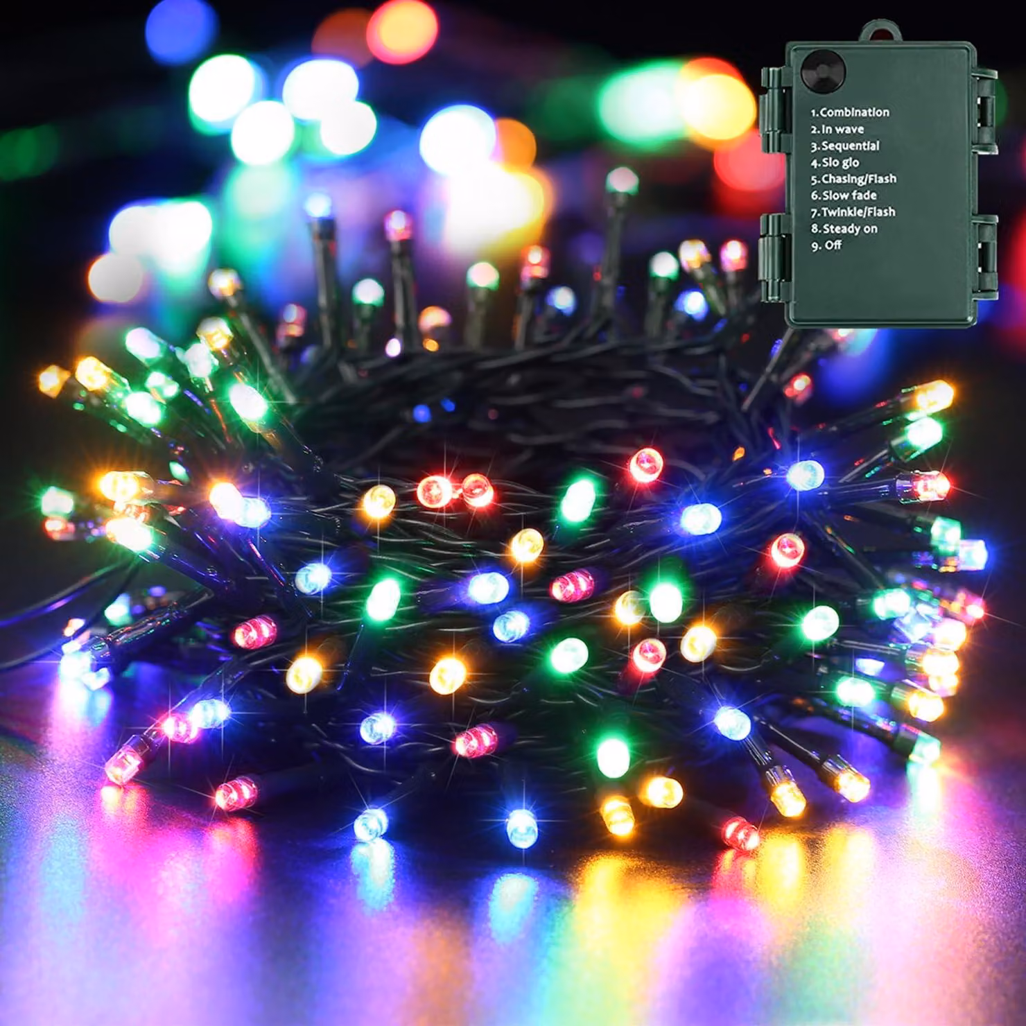 Catena luminosa da 20 metri, con 200 LED, multicolore, 8 modalità, impermeabile, alimentazione a batteria