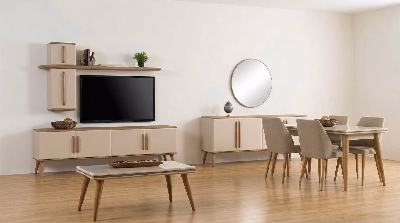 Set soggiorno beige moderno mobile TV, tavolo da pranzo, credenza