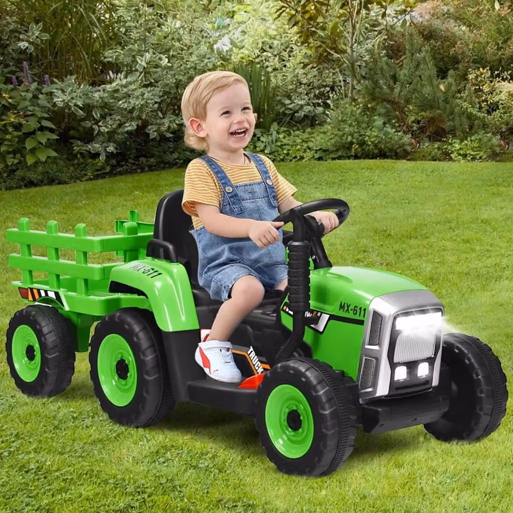 Trattore Elettrico con Rimorchio Cavalcabile Costway 12V Verde, Telecomandato con Luci e Suoni, Carico Massimo 30kg – 2