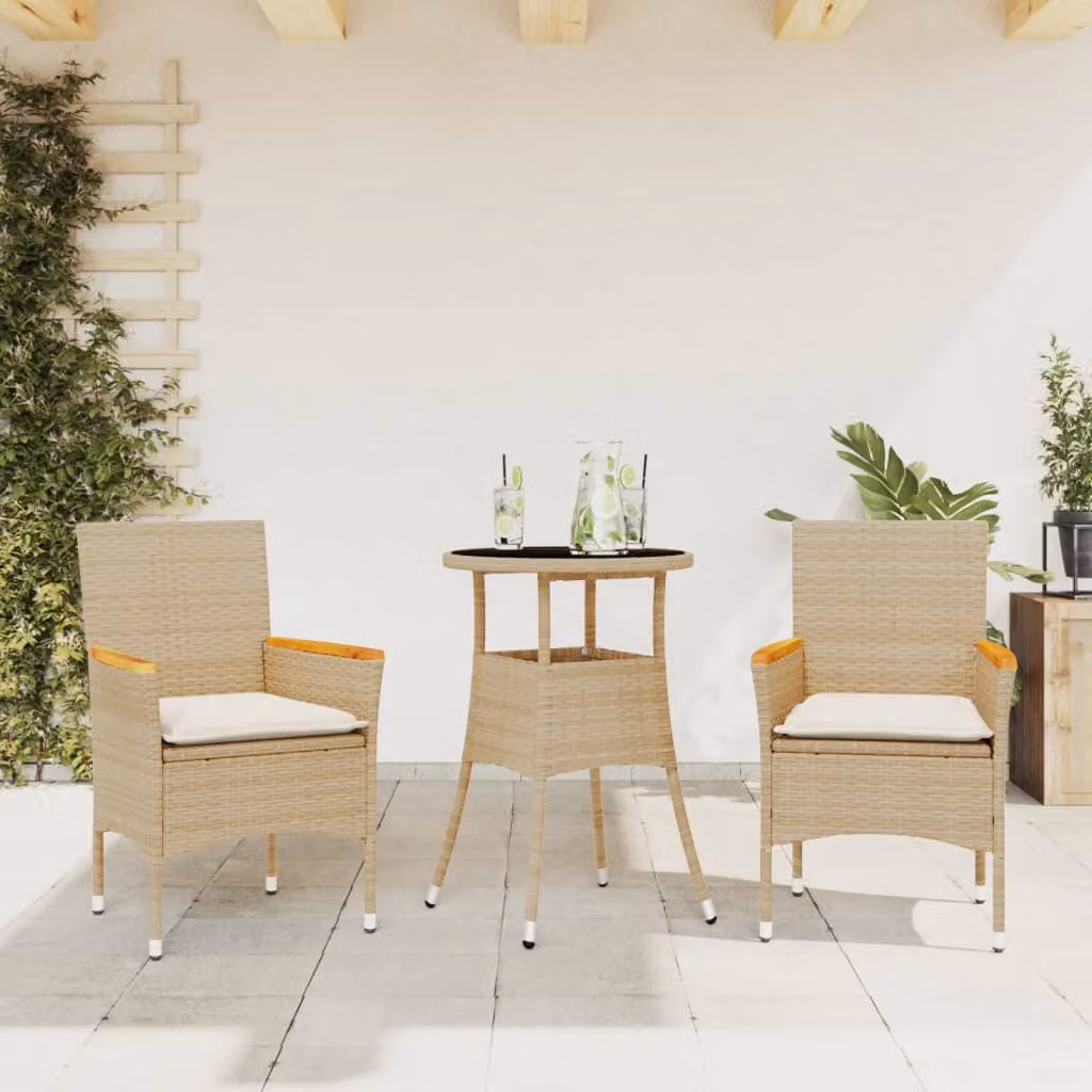Set da pranzo da giardino vidaXL in legno di acacia oliato con tavolo in vetro e 3 sedie in polyrattan con cuscini beige e bianchi – 1
