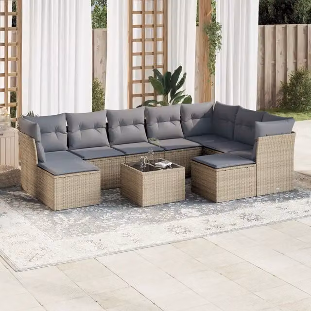 Set Divano da Giardino VIDAXL in Polyrattan con 10 Cuscini Beige e Grigio