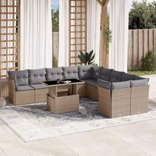 Set di Divani da Giardino vidaXL in Polyrattan Beige con Cuscini e Tavolino da 11 Pezzi