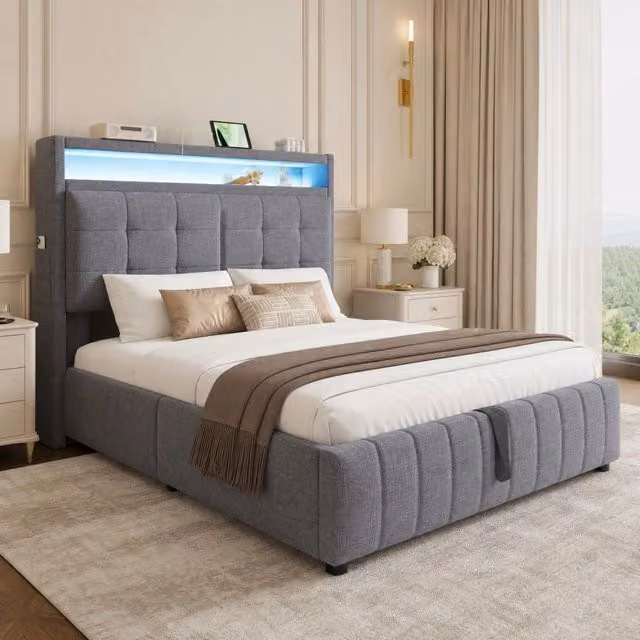 Letto matrimoniale imbottito 140 × 200 cm con LED e USB vano idraulico testiera con ripiani tessuto di lino grigio