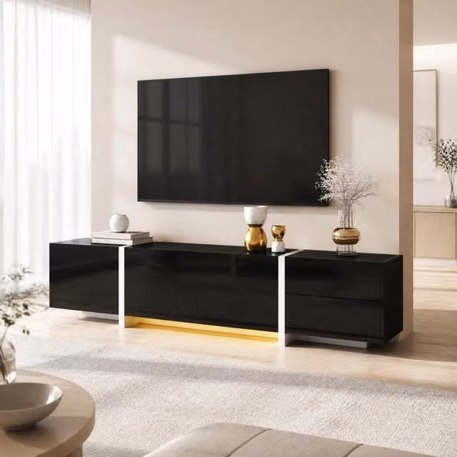 Mobile TV moderno MODFU in legno nero e bianco con cassetti soft close L: 170 cm, P: 30 cm, H: 39 cm – 1