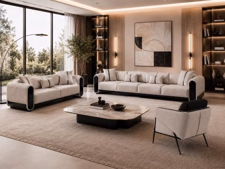 Divano componibile beige moderno, rivestito in tessuto, con 4, 3 e 1 posti