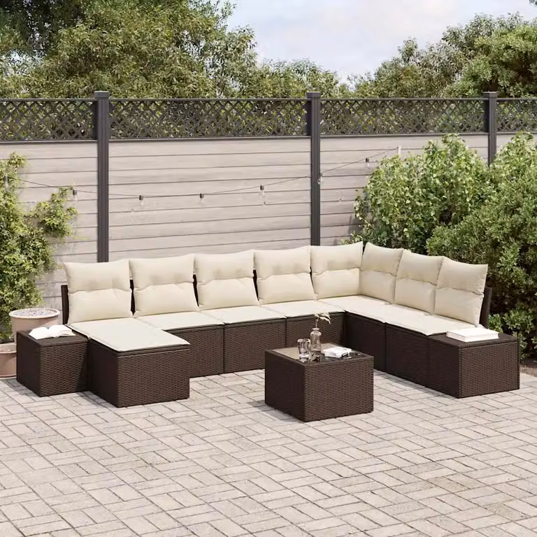 Set Divano da Giardino vidaXL 9 Pezzi in Polyrattan Marrone con Cuscini e Tavolino