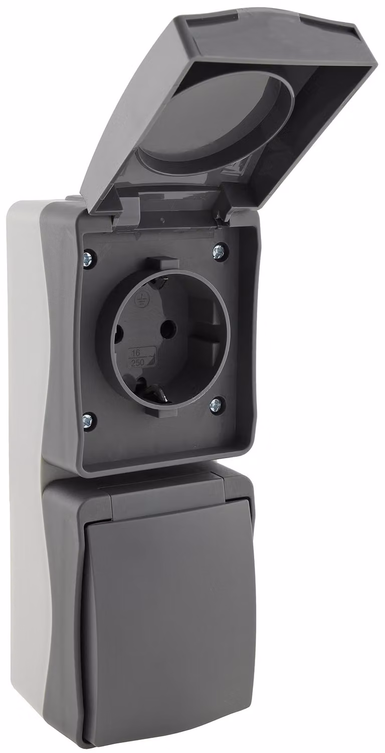 Presa doppia antiumidità Chilitec NUQUI verti. IP54, montaggio a parete, 250V~/ 16A