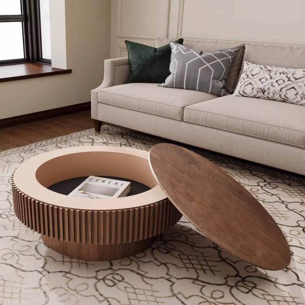 Tavolino rotondo - Tavolino ausiliario con spazio contenitivo - 75 cm - Design rotondo - Realizzato in legno massello e MDF - Ideale per il soggiorno - Finitura noce