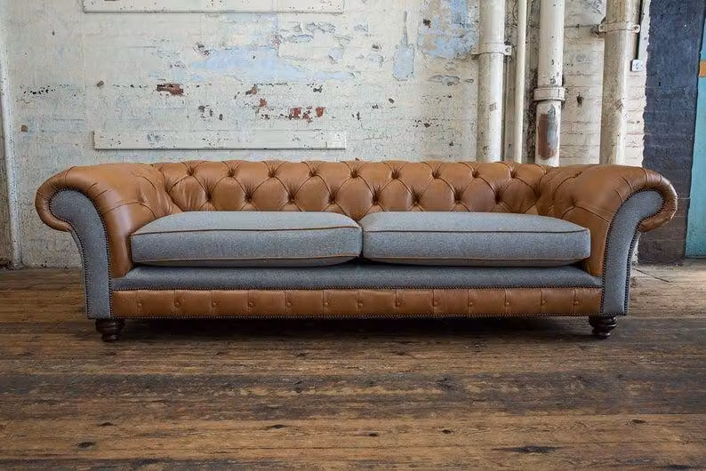 XXL Big Sofa 4 Sitzer Couch Chesterfield Polster Sitz Garnitur Leder Grau