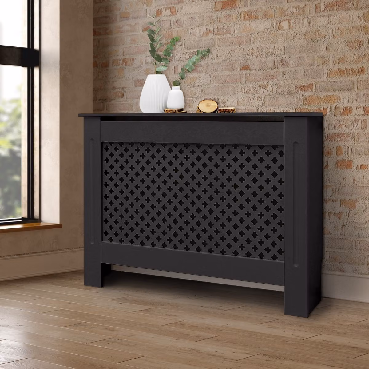 ECD Germany Rivestimento per radiatori con motivo a nido d'ape 112x19x82 cm, nero, in MDF laccato, rivestimento per radiatori per camera da letto soggiorno