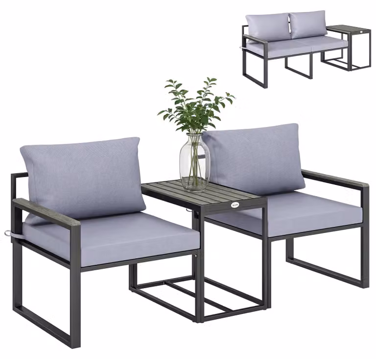 Set di mobili da balcone - Set da giardino composto da 3 pezzi - 2 poltrone - 1 tavolo - Cuscini per seduta e schienale - Struttura in metallo - Rivestimento in polvere - Grigio scuro