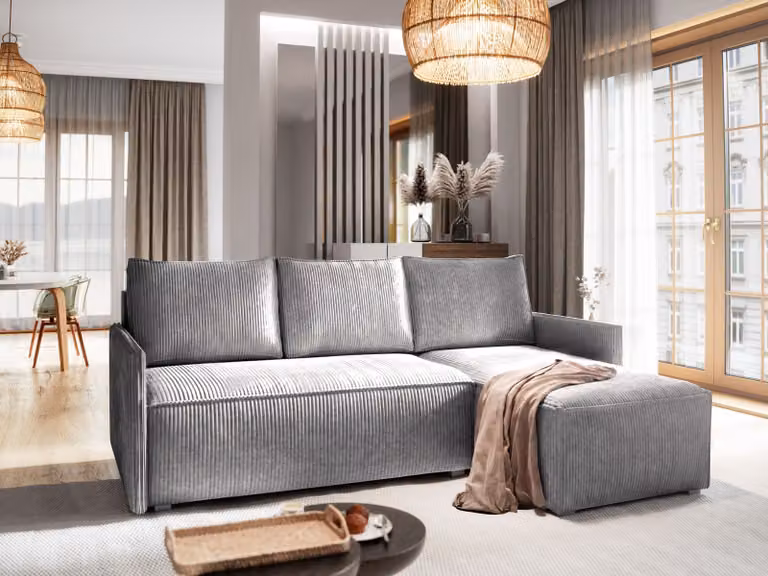 Divano angolare Masseno PERUSI con funzione letto a L, divano con box letto, divano da salotto, divano, divano, divano letto, set di divani - grigio chiaro, POSO 55