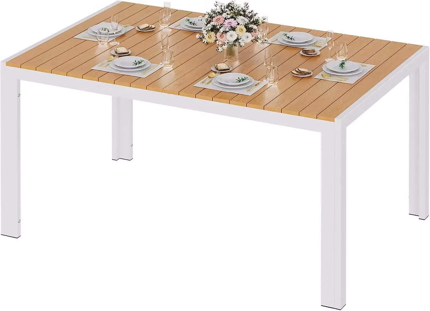 Tavolo da giardino - Tavolo da terrazza in alluminio - Piano in WPC effetto teak - 140×90×75 cm - Struttura bianca - Rettangolare - Per 8 persone - Resistente alle intemperie