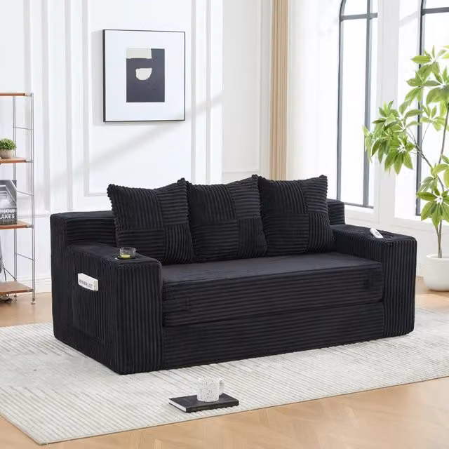 Divano modulare 172x87x64 cm trasformabile in cuscini in velluto a coste nero