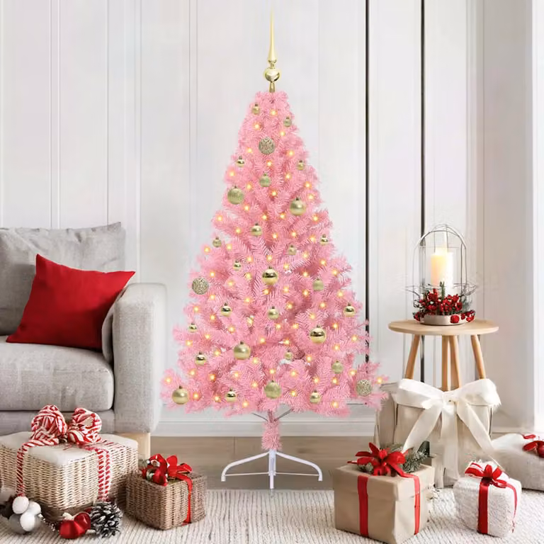 Albero di Natale artificiale moderno vidaXL con luci LED bianco caldo, colore rosa, in PVC e metallo, Altezza: 150 cm