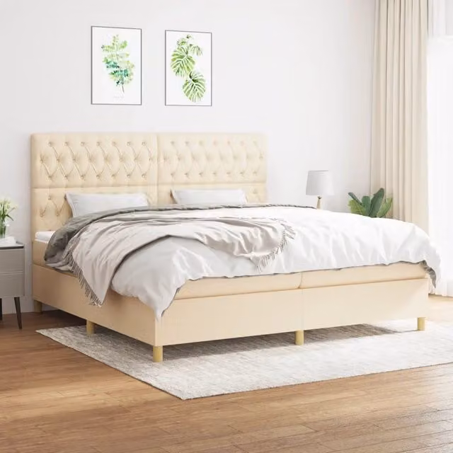 Letto Ibrido con Giroletto a Molle e Materasso vidaXL in Tessuto Beige e Bianco L/P/H: 200 x 200 x 31 cm