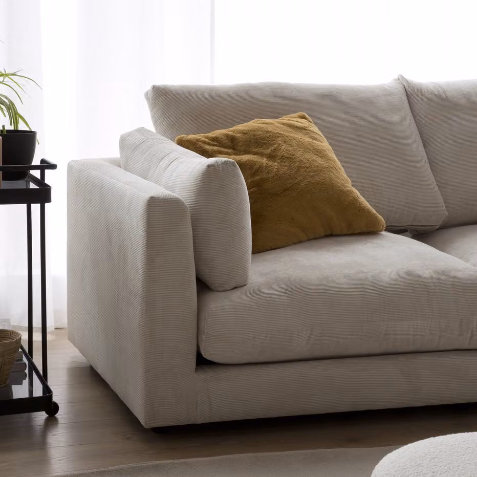 Divano angolare modulare Banak Tokio a 4 posti, configurazione sinistra, colore beige, rivestimento in tessuto con cuscini inclusi, L: 296 cm – 2