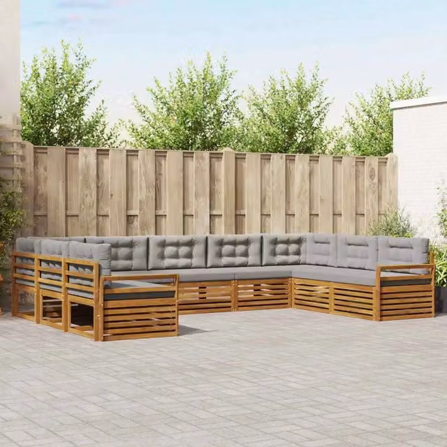 Set di divani da esterno a L vidaXL in legno di acacia con cuscini grigi, 9 pezzi