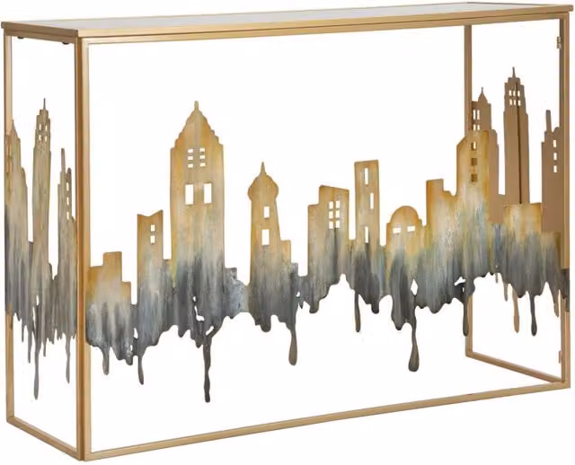 Console City Vikasa Home in ferro dorato con decoro skyline e piano in vetro, L: 110 cm, P: 38,5 cm, H: 81 cm
