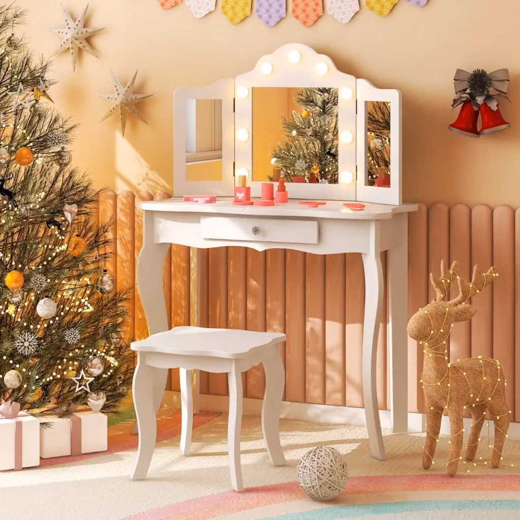 Set tavolo da trucco per bambini con sgabello e specchio a tre pieghe in vetro, design principessa in MDF laccato bianco – 2